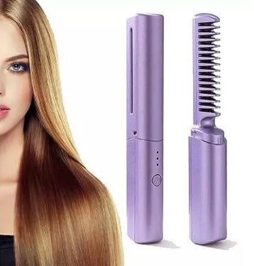 Mini Plancha de Pelo Recargable 2 en 1 Cepillo y Rizador Morado.