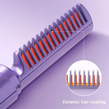 Mini Plancha de Pelo Recargable 2 en 1 Cepillo y Rizador Morado.