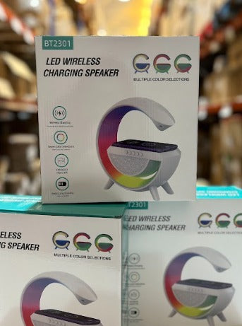 Altavoz luz de mesita de noche en forma de G, Bluetooth multifunción 3 en 1 con carga inalámbrica, Reloj Despertador.