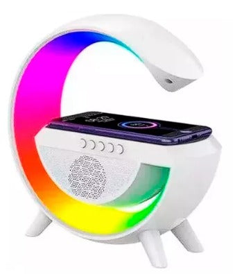 Altavoz luz de mesita de noche en forma de G, Bluetooth multifunción 3 en 1 con carga inalámbrica, Reloj Despertador.