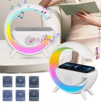 Altavoz luz de mesita de noche en forma de G, Bluetooth multifunción 3 en 1 con carga inalámbrica, Reloj Despertador.
