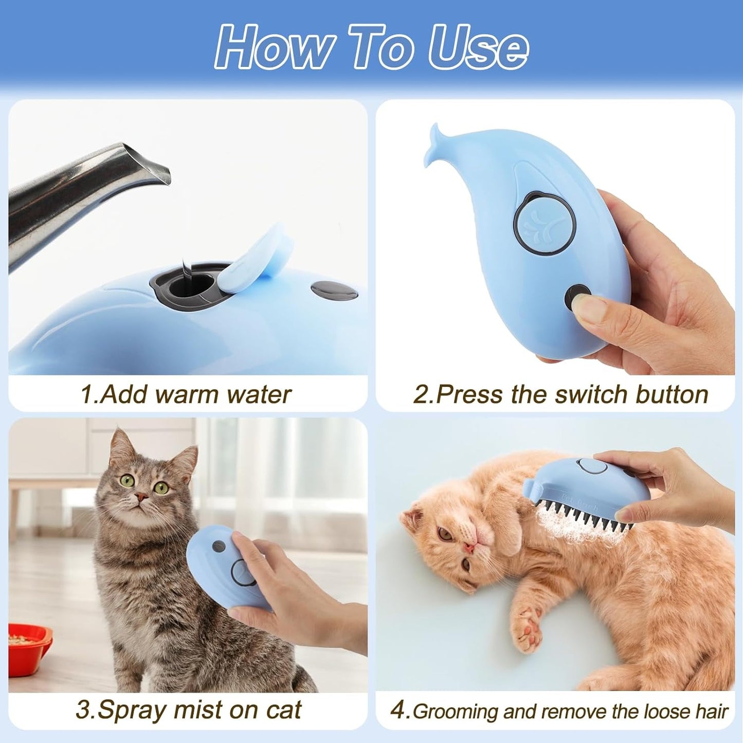 Cepillo Vaporoso para Gatos, Evita empapar Todo el Lugar. (Celeste)