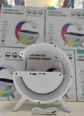 Altavoz luz de mesita de noche en forma de G, Bluetooth multifunción 3 en 1 con carga inalámbrica, Reloj Despertador.