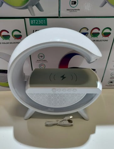 Altavoz luz de mesita de noche en forma de G, Bluetooth multifunción 3 en 1 con carga inalámbrica, Reloj Despertador.
