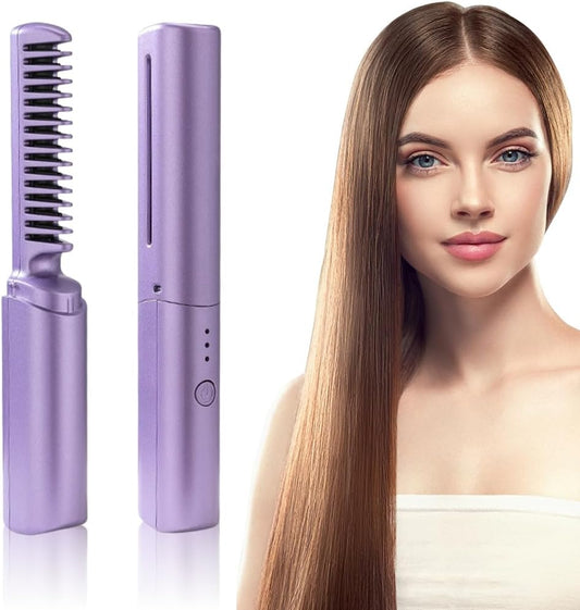 Mini Plancha de Pelo Recargable 2 en 1 Cepillo y Rizador Morado.