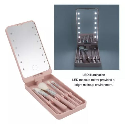 Espejo LED Plegable con Brochas de Maquillaje Portátil.