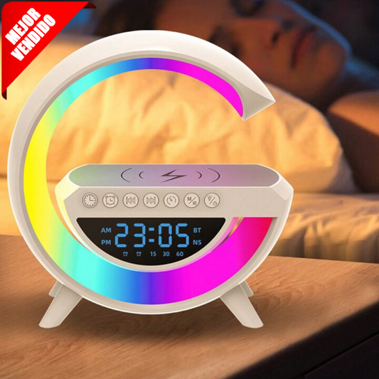 Altavoz luz de mesita de noche en forma de G, Bluetooth multifunción 3 en 1 con carga inalámbrica, Reloj Despertador.